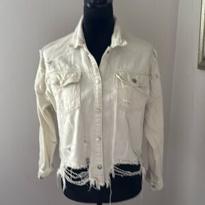 BBJ‎ Los Angeles dirty white distressed ripped buttoned down jeans jacket Sz XS